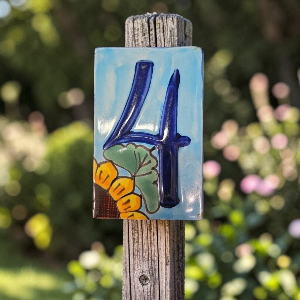 Talavera Sunflower House Number‎ Tile, High Relief #4, Mexican Address Plaque
